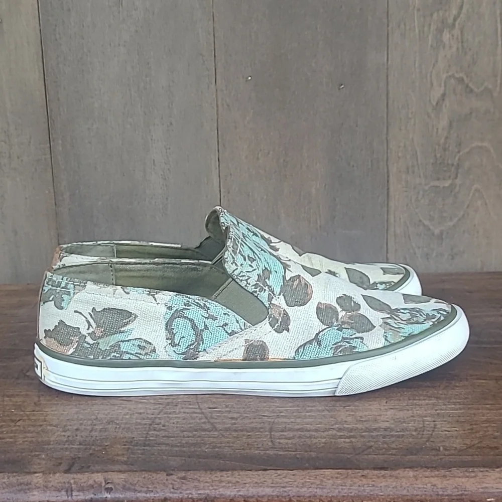 Tory Burch Sneakers Women's sz 6 Green/Cream Floral Slip On Canvas Sneaker